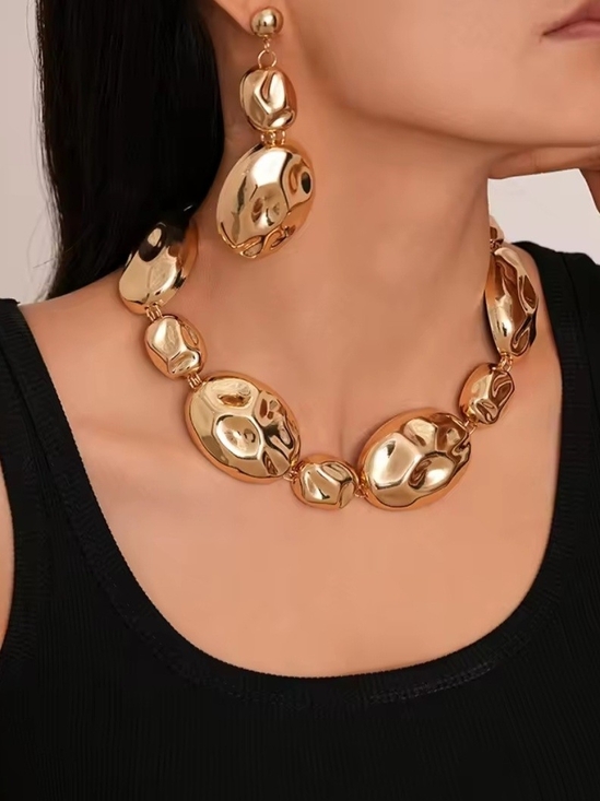Jewelry - Gold Sculpted Oval Statement Necklace and Earrings Set